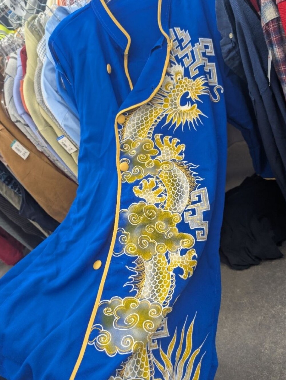 Blue Dragon-Embroidered Mandarin Dress with Yellow Trim